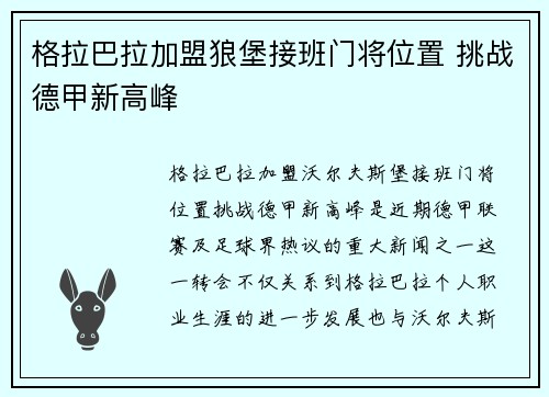 格拉巴拉加盟狼堡接班门将位置 挑战德甲新高峰
